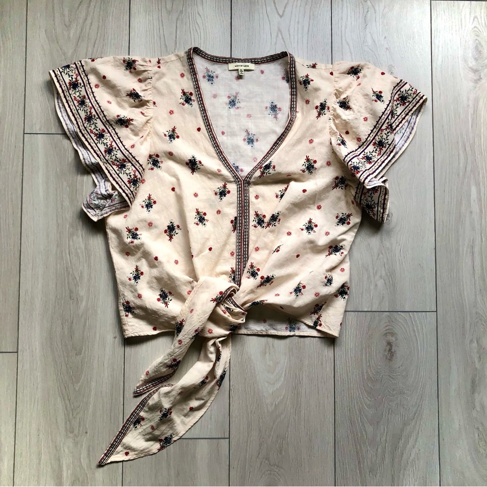 Max Studio Bohemian Cottagecore Cream Floral Feminine Tie-Front Casual Crop XL